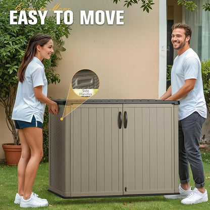 Greesum Outdoor Storage Cabinet 26 CuFt, Resin Large Storage Box Weather Resistance with Lockable Doors, Easy to Assemble, Horizontal Storage Shed for Garden, Backyard, Patio, Beige (Without Shelf)