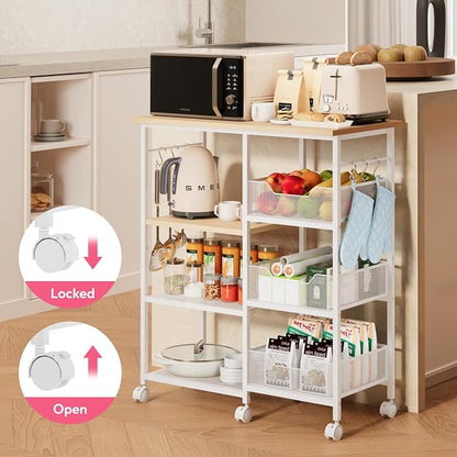 SWTYMIKI Kitchen Island Cart on Wheels - 28.35x14.57in Rolling Kitchen Table Cart with Storage Shelves, 6 Removable Hooks& Locking Casters, Coffee Bar Cabinet for Dining Room Pantry Office, White