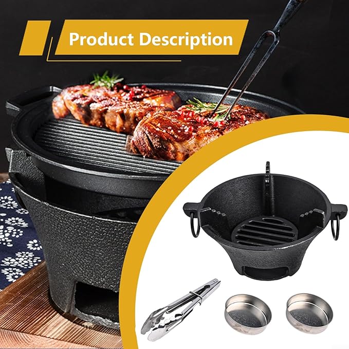 Cast Iron Charcoal Stove Korean BBQ Grill Japanese Style Cooktop Portable Outdoor Cooking Equipment with Clip and Cup Set(16cm)