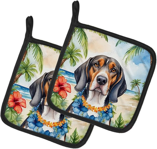Caroline's Treasures American English Coonhound Luau Pair of Pot Holders Kitchen Heat Resistant Pot Holders Sets Oven Hot Pads for Cooking Baking BBQ, 7 1/2 x 7 1/2