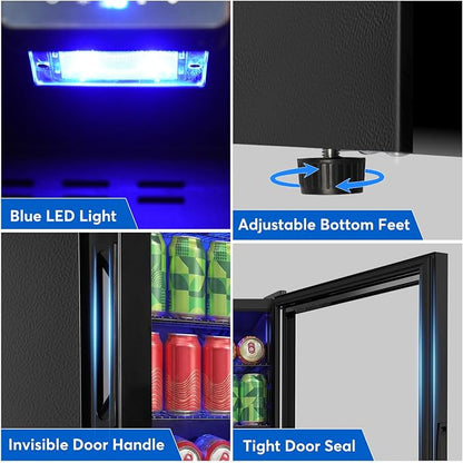 FoMup Beverage Refrigerator 150 Can with Glass Door – Mini Drink Cooler with Reversible Door, Safety Lock & Temperature Control, Small Fridge for Beer Soda Wine, Compact for Dorm Office Hotel