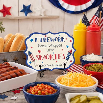 Independence Day Wooden Hot Dog Sign with Metal Stand, Patriotic 5 x 7 Inch Buffet Table Decor for BBQ Party, Restaurant, Food Truck, Table top Food Display - A07