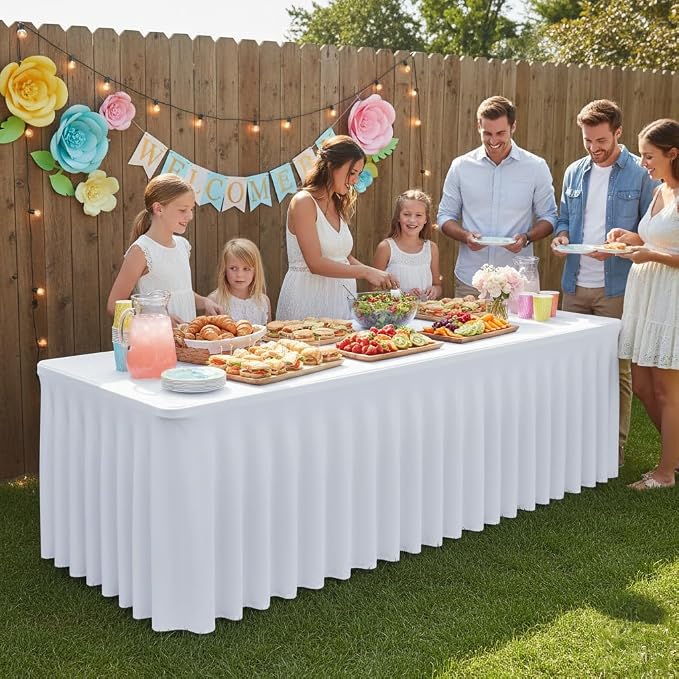 2 Pack White Spandex Table Covers 4ft Rectangle Ruffle Skirts for Party | Elastic Table Covers 4 Foot, Pleated Fitted Table Cloths, Wrinkle Resistant Elegant Table Skirts Wedding, Banquets