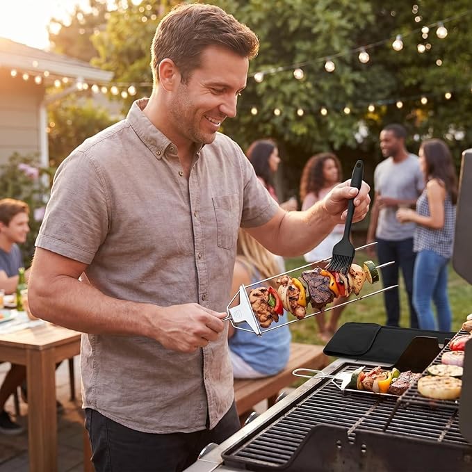 3 Prong Skewers for Grilling, 14.7" Stainless Steel BBQ Kabob Skewers with Push-Off Slider, Reusable Metal Skewer Sticks with Storage Bag & Basting Brush for Meat, Chicken, Veggies, Outdoor Cooking
