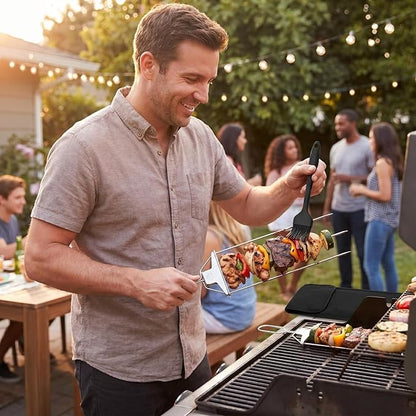 3 Prong Skewers for Grilling, 14.7" Stainless Steel BBQ Kabob Skewers with Push-Off Slider, Reusable Metal Skewer Sticks with Storage Bag & Basting Brush for Meat, Chicken, Veggies, Outdoor Cooking