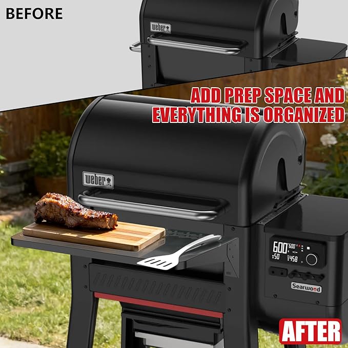 DELSbbq Folding Front Shelf for Weber Searwood 600 Pellet Grills, Heavy-Duty Steel Table, Foldable Prep & Storage Station for Weber Searwood 600 Accessories