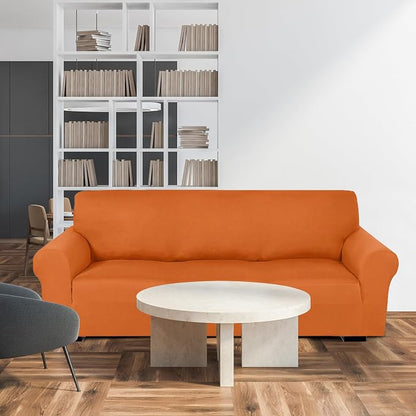 Peryiter 3 Pcs Couch and Loveseat Sofa Covers,Orange,Milk Silk | Armchair Covers for Living Room, Sofa Cushion Slipcover, Furniture Protector, Polyester and Spandex, Washable