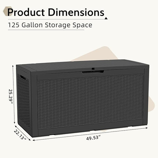 Waterproof Outdoor Storage Box, 125 Gallon Lockable Deck Box, UV-Resistant Outside Storage Bin with Hydraulic Lid for Patio Furniture, Cushion Organizer, Garden Tool, Pool Accessories, Black