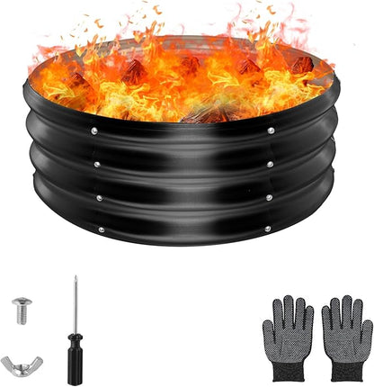 Raynesys 24 Inch Round Galvanized Fire Pit Ring, Round Galvanized Fire Ring, 2 Feet Diameter Round fire Pit, Outdoor fire Pit for Backyard, Camping, Bonfire, Black