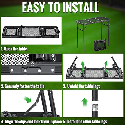 GARLLEN Folding Grill Table, 3-Height Adjustable Lightweight Grill Table with Heat-Resistant Tabletop, Portable Aluminum Camping Table for BBQ, Picnic, Cooking, 35.4" L x 15.7" W, Threaded Install