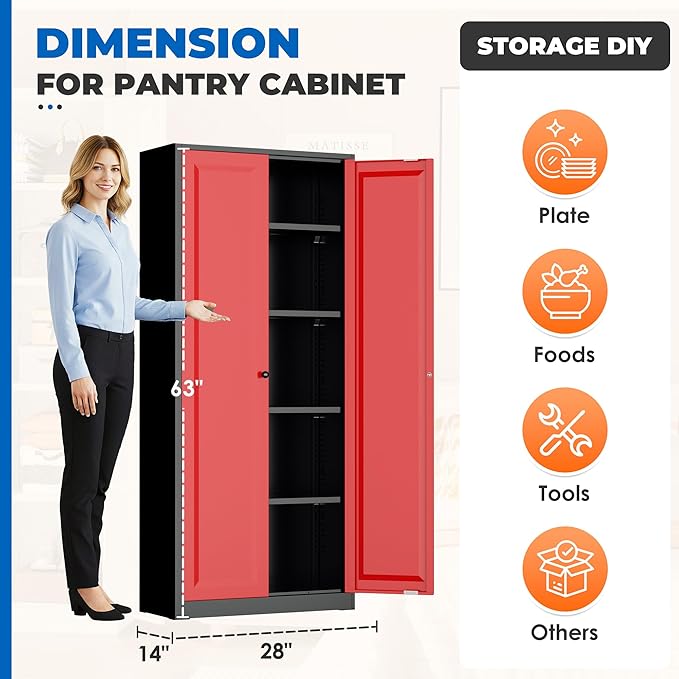 INTERGRAET Kitchen Pantry Cabinet, 63" Tall Metal Pantry Storage Cabinets with 2 Doors and 4 Shelves, Metal Storage Cabinet,Cupboard for Home,Kitchen,Living Room/Dining, Black Red