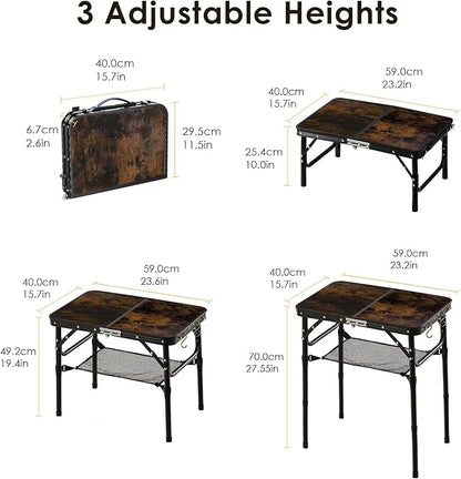Folding Picnic Table 2ft Portable Camping Table, Dark Walnut | Adjustable Heights, Lightweight Aluminum Foldable Small Card Table with Carry Handle for Indoor Outdoor Camp RV BBQ Beach