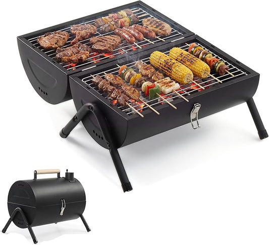 Folding Portable Barbecue Charcoal Grill with Tools, Small Barbecue Desk Tabletop Stainless Steel Smoker BBQ for Outdoor Cooking Camping Picnics Beach Party