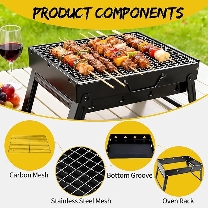 Barbecue Grill, Portable BBQ Charcoal Barbecue with Rack Wire Meshes Portable Household Charcoal Grills for Outdoor Grilling (13.8"X10.6"X7.9")