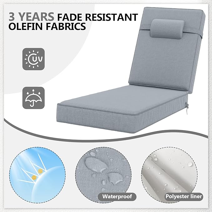 72 x 21 x 4 Inch Olefin Chaise Lounge Cushions, Lounge Chair Cushions with Headrest for Outdoor Furniture - Weather and Fade Resistant Patio Replacement Furniture Lounge Chair Cushion Set of 2