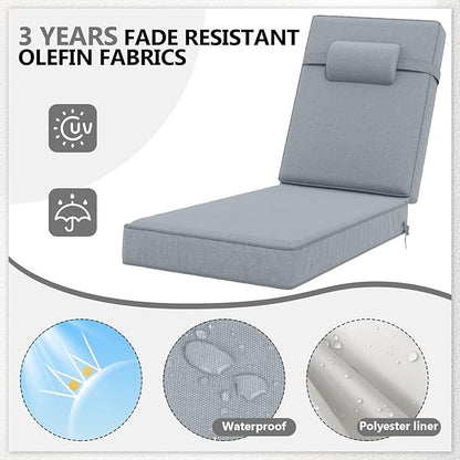 72 x 21 x 4 Inch Olefin Chaise Lounge Cushions, Lounge Chair Cushions with Headrest for Outdoor Furniture - Weather and Fade Resistant Patio Replacement Furniture Lounge Chair Cushion Set of 2
