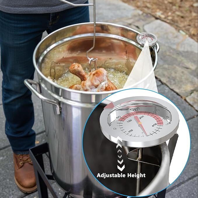 Fire Riot Deluxe Stainless Steel Turkey Fryer Accessories Kit – Turkey Deep Fryer Stand with Lifting Hook, Thermometer, Injector, & Heat-Resistant BBQ Gloves for Outdoor Cooking