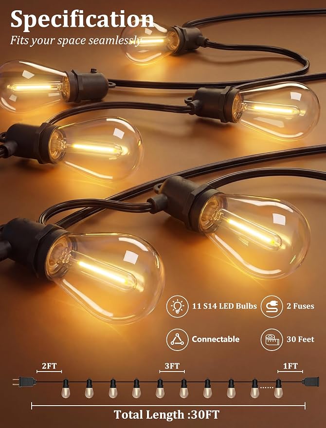 S14 Outdoor String Lights 30FT, Waterproof Patio Lights with 11 Shatterproof LED Bulbs (1 Spare), UL Certified Commercial Grade Black Wire Hanging Lights for Outdoor, Indoor, Backyard, Porch