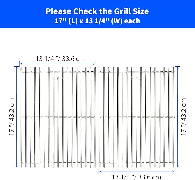 Grill Grates for Nexgrill 4 Burner 720-0830H 720-0830D 720-0670A 720-0783C 720-0783E 720-0958A, 17" Stainless Replacement Parts for 5 Burner 720-0888N Charbroil 463241113 463446015, Kenmore Gas Grill