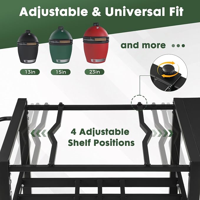 Outdoor Grill Table for Big Green Egg, BBQ Cart with Lockable Wheels | Suitable for Various Sizes of Green Egg Nest Grill Racks, Storage Rack & Bottle Opener, Prep Cooking Station for Party, Black