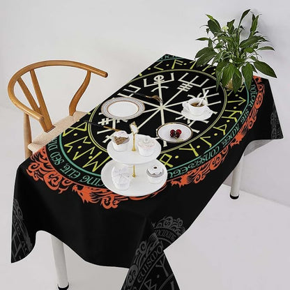 Vintage Viking Pattern Tablecloth, Viking Ancient Runic Helmet of Awe Seasonal Table Cloth Waterproof Wipeable Table Cover for Picnic Holiday Party Kitchen Dining 55x55