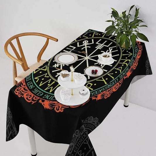 Vintage Viking Pattern Tablecloth, Viking Ancient Runic Helmet of Awe Seasonal Table Cloth Waterproof Wipeable Table Cover for Picnic Holiday Party Kitchen Dining 55x55