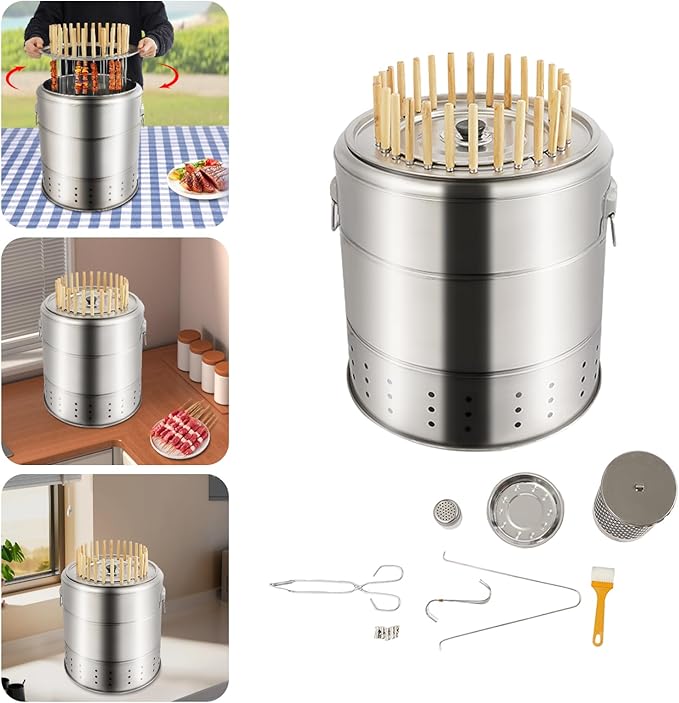 Stainless Steel Smokeless Barbecue Surround Charcoal Grill, Portable Kebabs Charcoal Grills Barrel with 28 Skewers, BBQ Grill for Outdoor Cooking Camping Picnic Beach Backyard Party