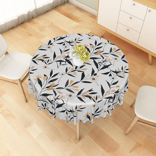 Floral Round Tablecloth Black and Yellow Leaves Flowers Circle Table Cloth Perfect for Spring Home Decor 60 Inch Botanical Waterproof Resistant Circle Table Cover for Kitchen Dining Room