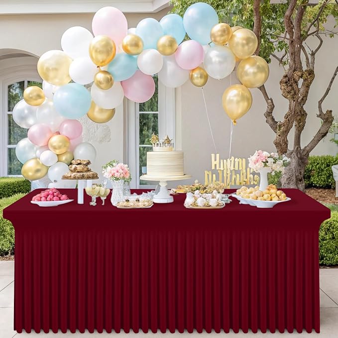 Smiry Spandex Elastic Fitted Table Cloth Skirt for 8FT Rectangle Table | Stretch Washable Table Cloth, Banquet Table Cover for Wedding, Party, Indoor & Trade Shows, (Burgundy, 96Lx30Wx30H)