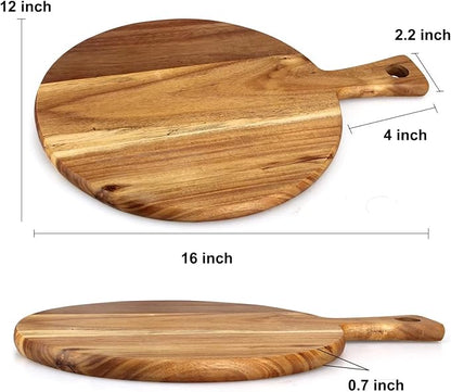 Acacia Wood Cutting Board with Handle Wooden Chopping Board Round Cutting Boards for Kitchen Decor Large Charcuterie Board Tray Teak Meat Cheese Board Bread Serving Platter Butcher Block Pizza Board