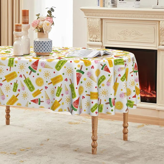 Horaldaily Summer Tablecloth 60 x 84 Inch Oval Tropical Popsicle Bamboo | Ice Cream Orange Sunshine Seasonal Washable Table Cover for Party Picnic Dinner Decor