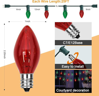 GOOTHY C7 LED Red and Green Christmas Lights 25Ft LED Outdoor String Lights with 27 Clear Red & Green Bulbs, Vintage Christmas Lights for Tree Carnival Patio Wedding Holiday Pathway Roofline Decor