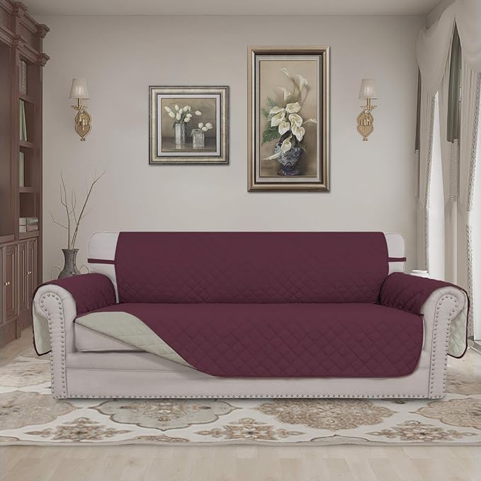 Easy-Going Reversible Couch Cover, 3 Cushion Sofa, Large, Wine/Beige | Machine Washable Slipcover For Dogs, Water Resistant Furniture Mat For Living Room, Non-Slip Sofa Cover, Pet Friendly