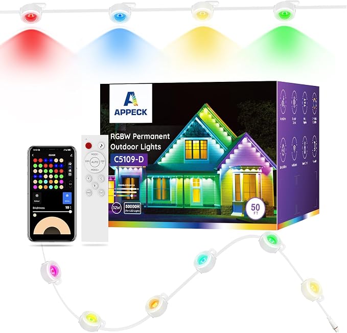 APPECK Permanent Outdoor Lights 50FT with 36 LEDs, Smart Eaves Lights RGBW | Waterproof Outdoor String Lights, 110+ Scene Modes, 40lm Warm White, for Daily/Holiday Decor, App/Voice/Remote Control, White