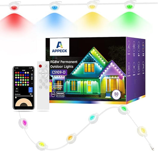 APPECK Permanent Outdoor Lights 50FT with 36 LEDs, Smart Eaves Lights RGBW | Waterproof Outdoor String Lights, 110+ Scene Modes, 40lm Warm White, for Daily/Holiday Decor, App/Voice/Remote Control, White