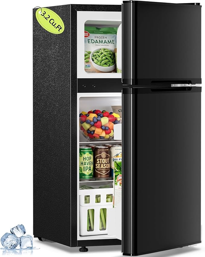 Antarctic Star 3.2 Cu.Ft 2-Door Mini Refrigerator with Freezer, Adjustable Thermostat & Removable Shelves for Bedroom, Office, Dorm and Apartment (Black)