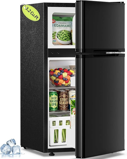 Antarctic Star 3.2 Cu.Ft 2-Door Mini Refrigerator with Freezer, Adjustable Thermostat & Removable Shelves for Bedroom, Office, Dorm and Apartment (Black)