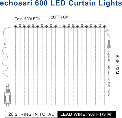 echosari 20Ft x 10Ft Large Curtain Lights Plug in, 600 LED Dual Color Changing Outdoor Curtain Lights Waterproof Connectable with Remote for Wedding Backdrop Yard Decor (Cool White & Multicolor) | 600 LED Dual Color Changing Outdoor Curtain Lights Wate...