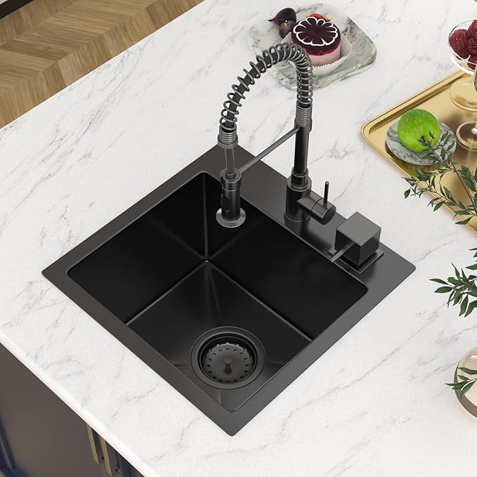 15 In Gunmetal Black Drop Bar Sink 15 x 15 Inch Kitchen Sink 18 Gauge Stainless Steel Single Bowl Topmount Handmade Sink for Outdoor, RV, 15x15x9