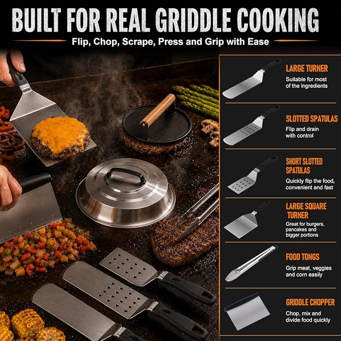 139 PCS Griddle Accessories Kit for Blackstone and Camp Chef, Flat Top Grill Tools Set with Enlarged Spatulas, Professional Burger Press Set with Patty Maker and Carry Bag for Outdoor BBQ