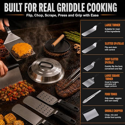 139 PCS Griddle Accessories Kit for Blackstone and Camp Chef, Flat Top Grill Tools Set with Enlarged Spatulas, Professional Burger Press Set with Patty Maker and Carry Bag for Outdoor BBQ