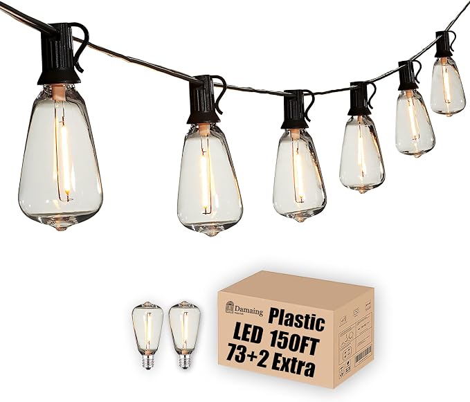 Outdoor String Lights 150FT Lighting Waterproof for Outside Patio Backyard | 150FT Connectable Outdoor Lights,75 Plastic Dimmable ST38 Edison Bulbs for Porch Bistro Garden Gazebo Balcony Cafe Deck Yard