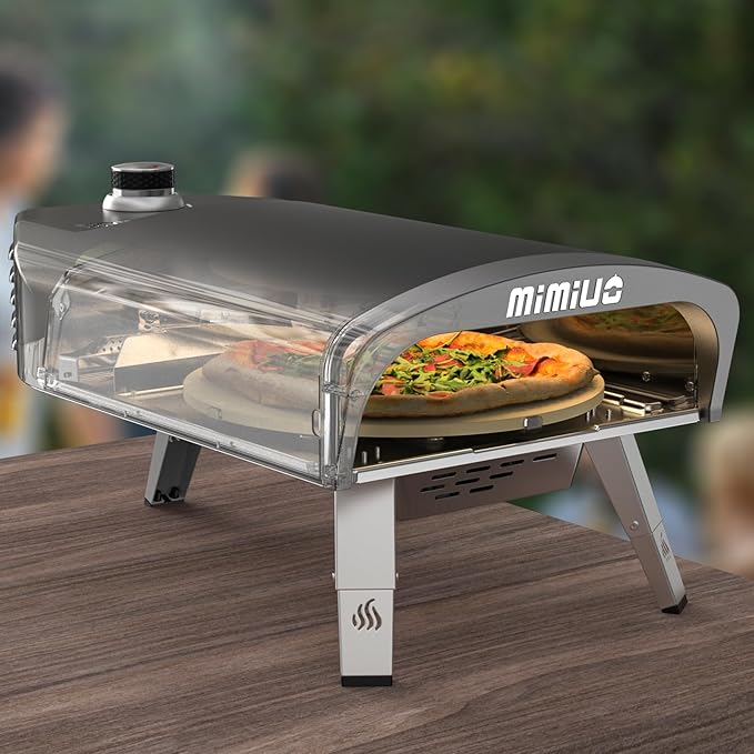 Mimiuo Outdoor Gas Pizza Oven with Automatic Rotating Stone - 39 lbs Heavy Duty Propane Pizza Stove 14 Inch for Backyard Camping, Bakes Pizza in 60 Seconds, Includes Pizza Stone, Peel & Cover