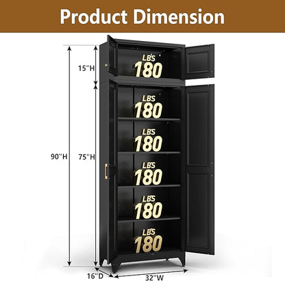 Polup Kitchen Pantry Cabinet, Metal Food Pantry cabinets with Doors and Shelves, 90" Tall Storage Cabinet for Dining, Living Room, Black, 16" D x 32" W x 90" H, Assembly Required