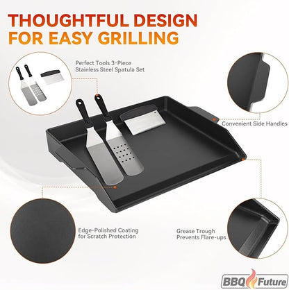 BBQ Future Universal Griddle for Gas Grill with spatula set, 18" x 14" Nonstick Cast Iron Outdoor Gas Grill Griddle Insert, Large BBQ Flat Top Plate fits Electric/Stove Accessories