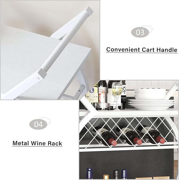 LVB White Bar Cart, Modern Rolling Serving Wine Cart with Storage for Home | Coffee Liquor Drink Cart with Wheels, Wood and Metal Kitchen Microwave Beverage Cart, Drink Liquor Cart for Dining Room