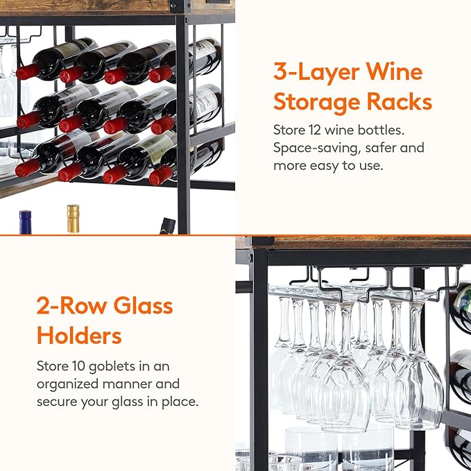 Lifewit 3 Tier Bar Cart with 12 Wine Racks, Serving Trolley, Rustic Brown | Home serving drink cart with removable tray, liquor beverage storage for kitchen dining living room, 30 x 15.7 x 36.6 inch