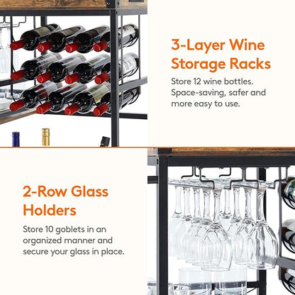 Lifewit 3 Tier Bar Cart with 12 Wine Racks, Serving Trolley, Rustic Brown | Home serving drink cart with removable tray, liquor beverage storage for kitchen dining living room, 30 x 15.7 x 36.6 inch