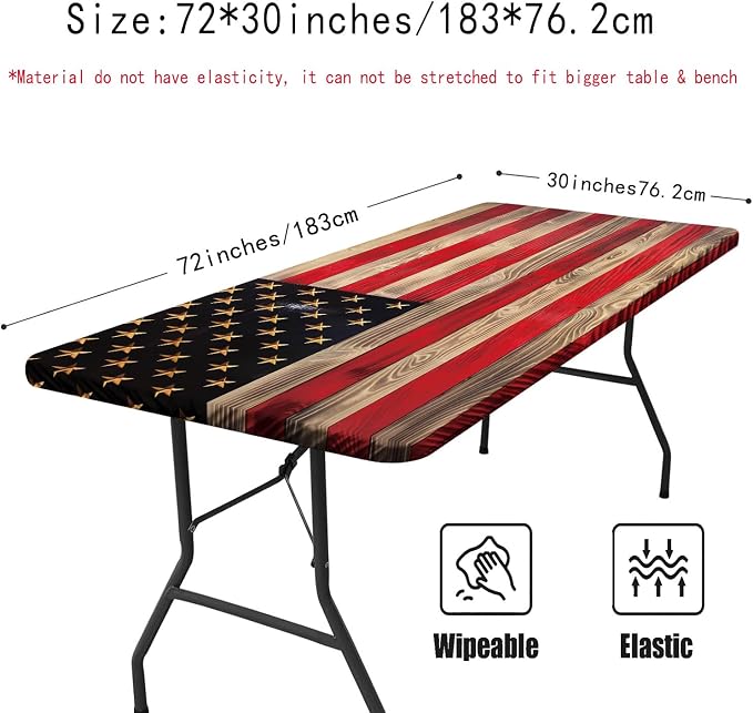 Irisbell Picnic Table Cover with Elastic Edge,6FT Wind Proof Wrinkleproof Fitted Tablecloth Cover Camping Beach Patio Rectangle Table Cloth for Indoor Outdoor (American Flag, 30'' x 72'')