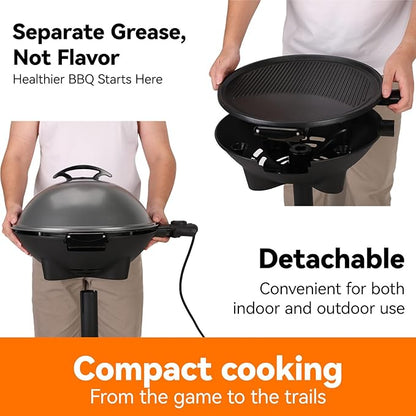 2-in-1 Outdoor Electric Grill & Portable BBQ with Removable Stand - Features Non-Stick Baking Pan & Intelligent Temperature Control for Balcony, Backyard, Camping, and Party Use, Gray